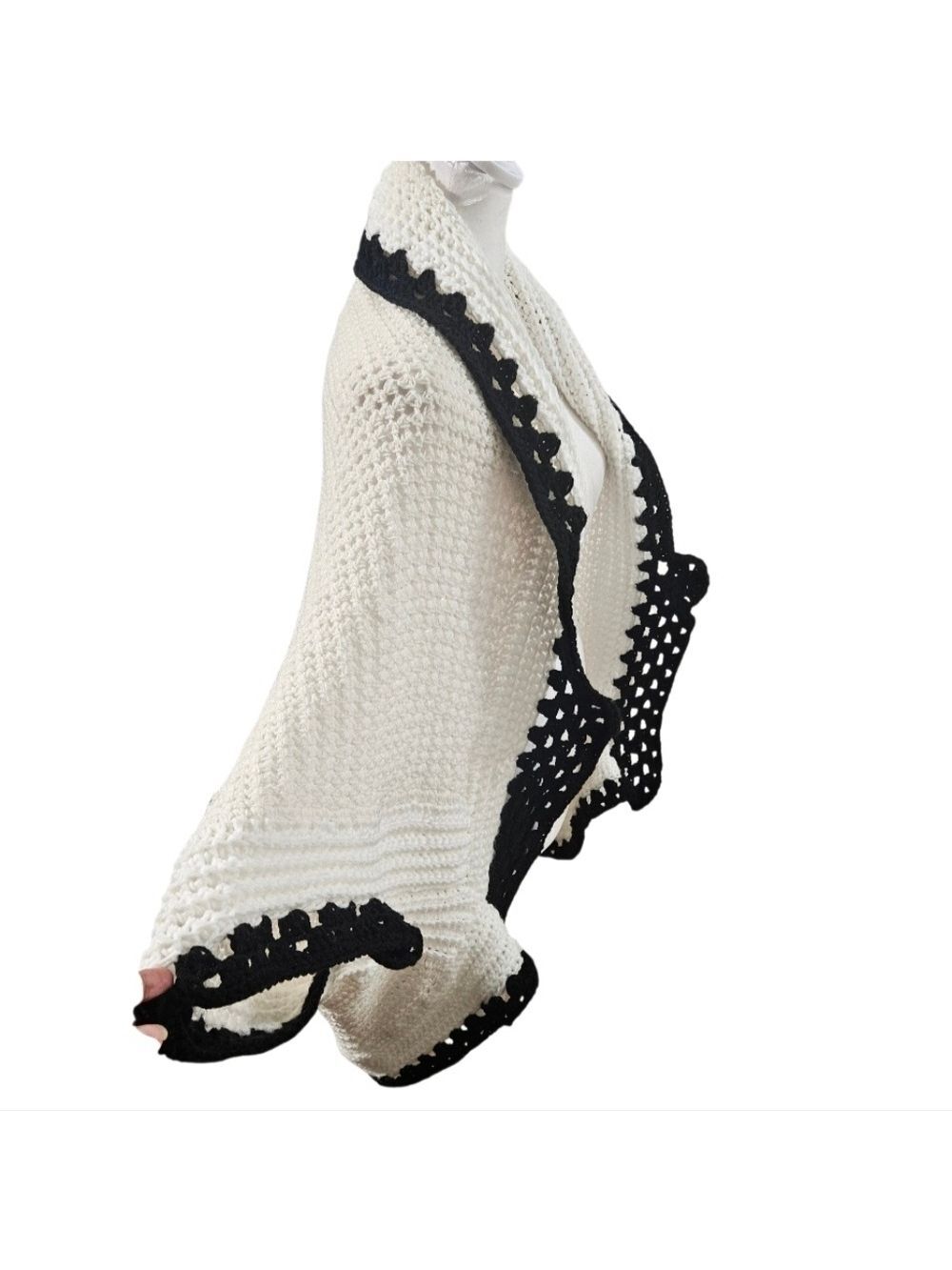 Handmade White Hand Knit Crochet Cocoon Cardigan Granny Square Black Open Front - Picture 8 of 17